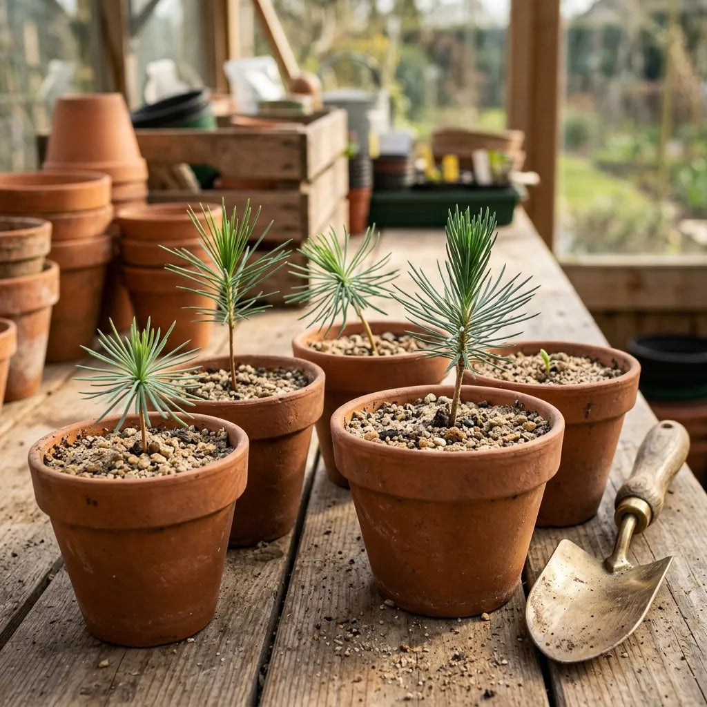 Plantules de cèdre de l'Atlas à cotylédons rayonnants en godets de terre cuite — SemiSauvage