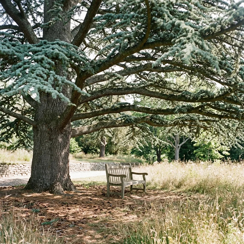 Banc de bois à l'ombre de la ramure étagée d'un cèdre de l'Atlas — SemiSauvage