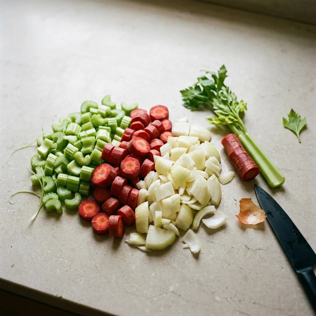 Mirepoix en préparation : dés de céleri branche, de carotte rouge et d'oignon jaune — SemiSauvage