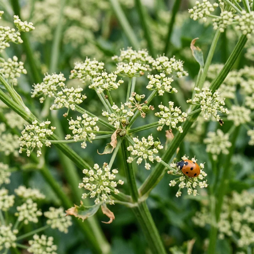 Petites ombelles blanc verdâtre du céleri monté à graines, visitées par une coccinelle à sept points — SemiSauvage