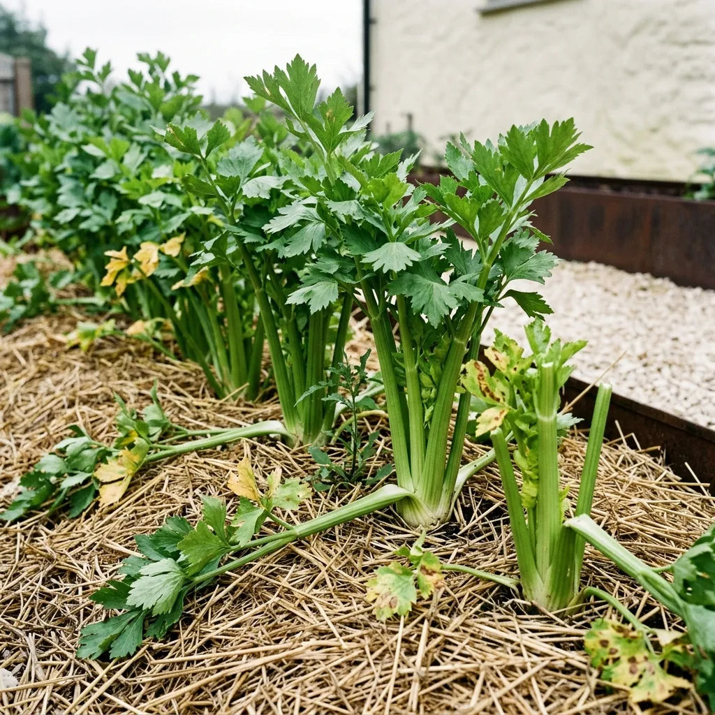 Rang de céleri branche paillé au potager, touffes dressées de côtes vertes et feuillage à folioles larges — SemiSauvage
