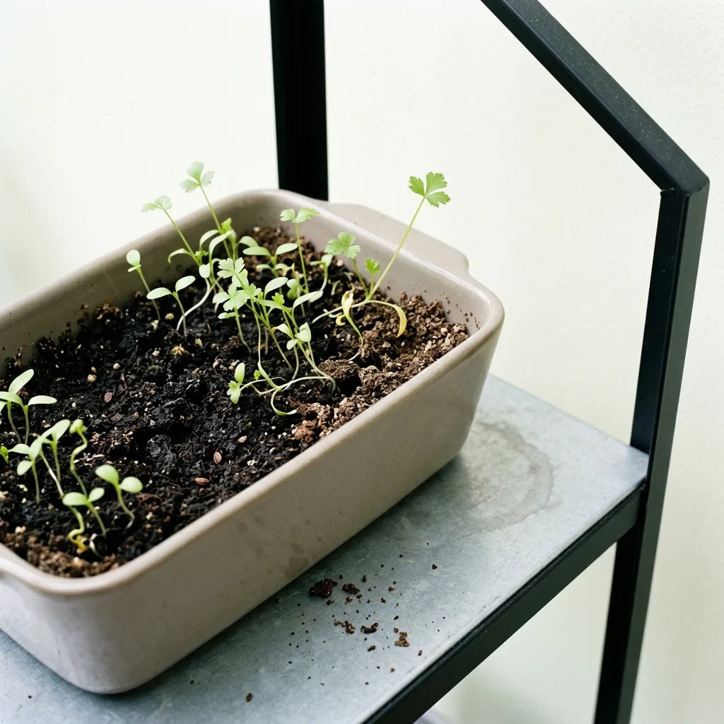 Semis de céleri branche en terrine de grès, plantules grêles à levée lente et irrégulière — SemiSauvage