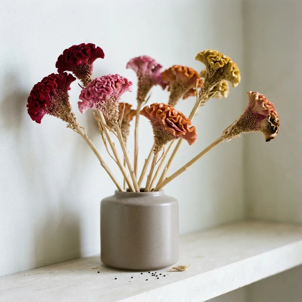 Bouquet sec de célosies crête-de-coq dans un vase de grès, couleurs conservées après séchage — SemiSauvage