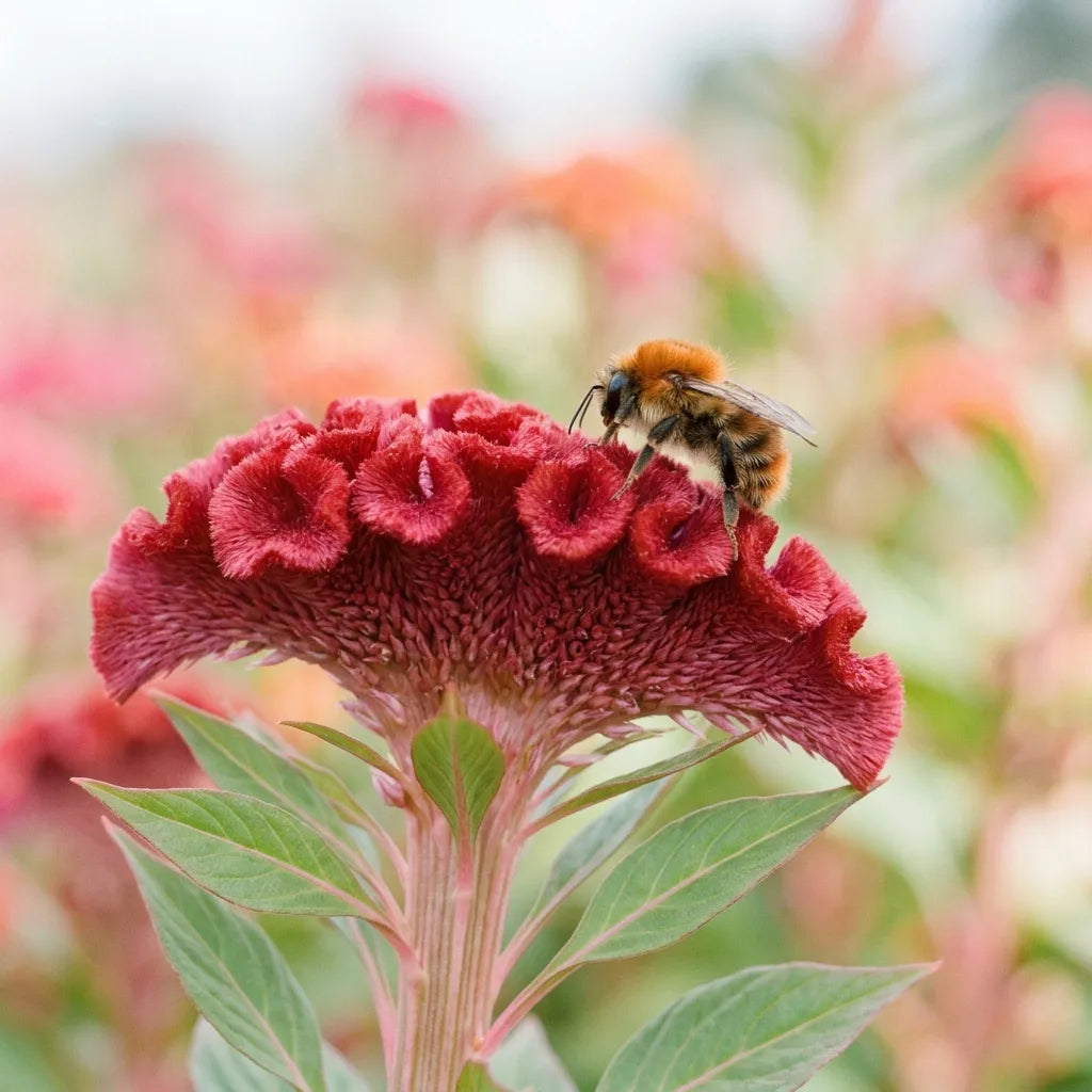 Bourdon des champs posé sur une crête de célosie, fleur visitée par les pollinisateurs — SemiSauvage