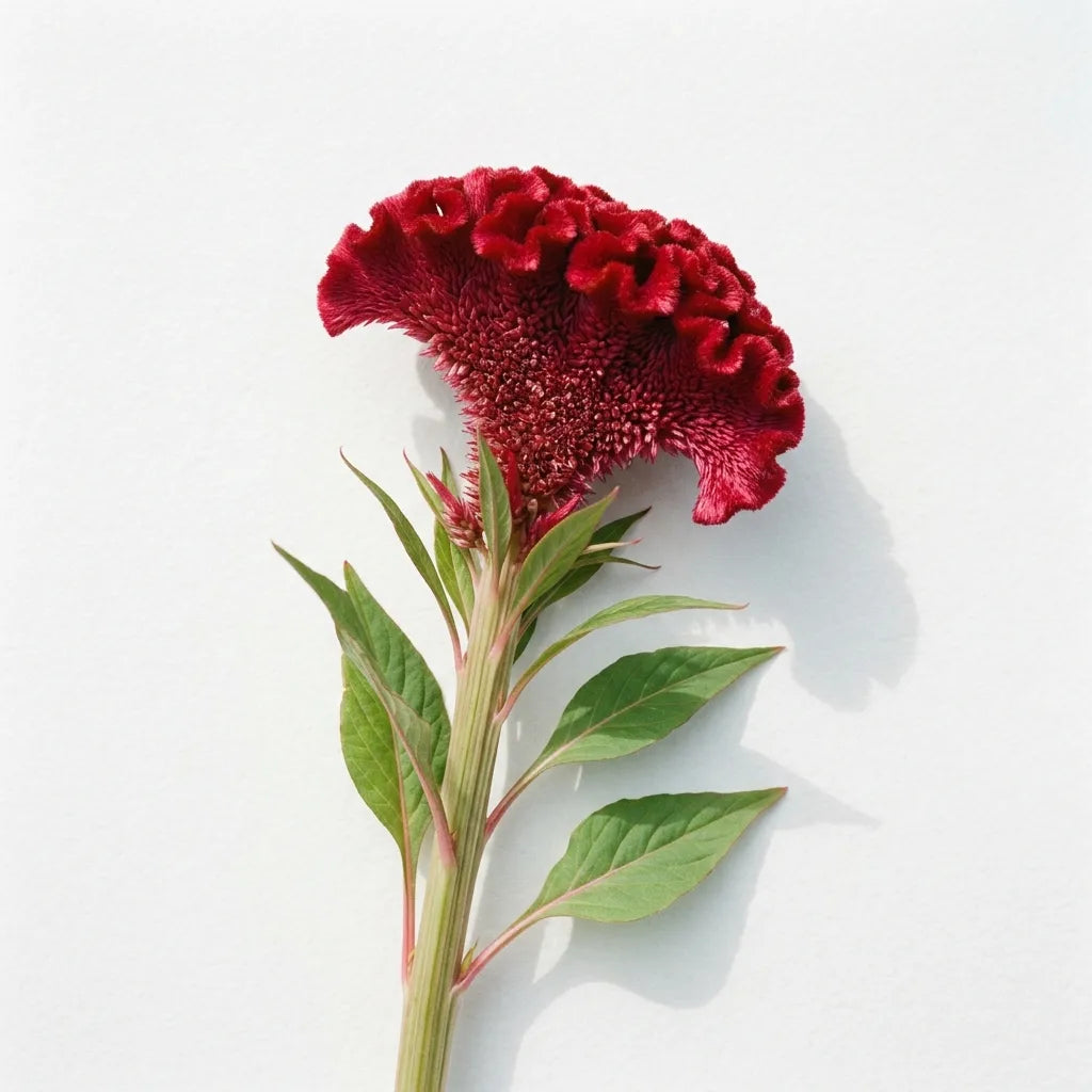 Célosie crête-de-coq (Celosia argentea cristata) sur fond blanc : crête fasciée veloutée rouge carmin — SemiSauvage
