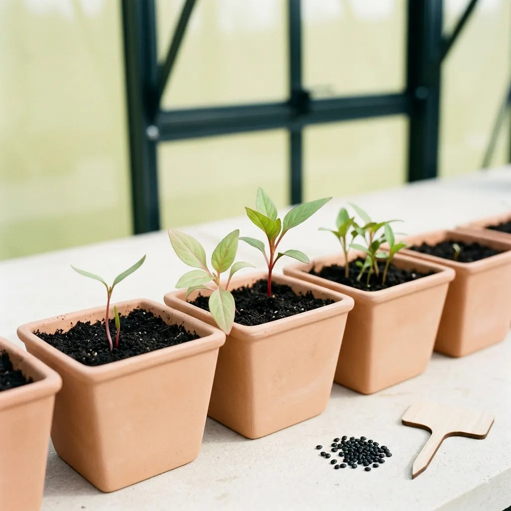 Semis de célosie en godets individuels : jeunes plants à tigelle rosée et graines noires — SemiSauvage