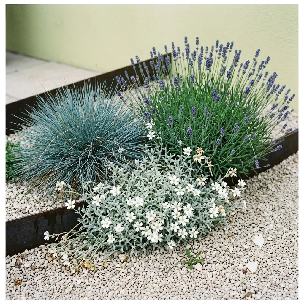 Rocaille sèche : céraiste argenté en fleurs, lavande vraie et fétuque bleue sur gravier calcaire — SemiSauvage