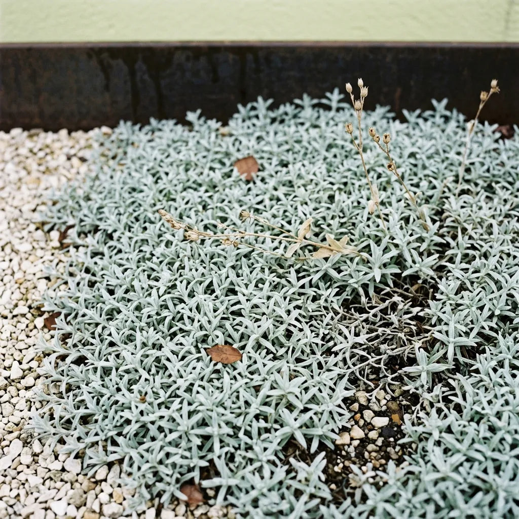 Tapis de céraiste hors floraison en hiver : le feuillage argenté persiste, avec quelques hampes sèches — SemiSauvage