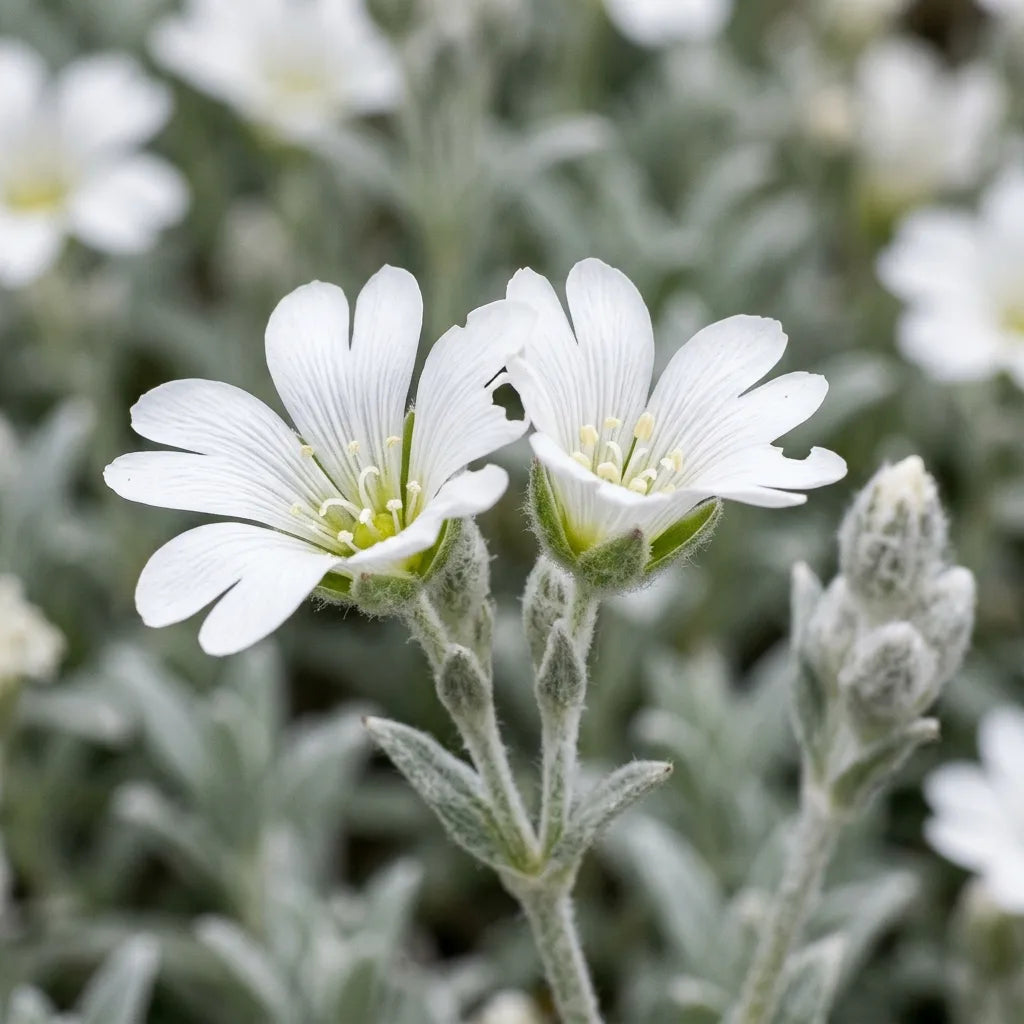 Macro d'une fleur de céraiste : cinq pétales blancs profondément échancrés en deux lobes et calice feutré de blanc — SemiSauvage