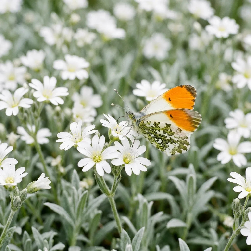 Papillon Aurore mâle, à l'extrémité des ailes orange, butinant les fleurs blanches du céraiste — SemiSauvage