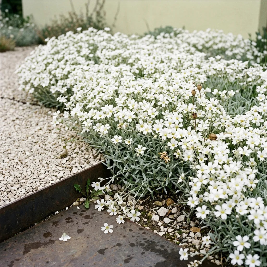Tapis de céraiste en pleine floraison dans un jardin de graviers, nappe de fleurs blanches sur feuillage argenté — SemiSauvage