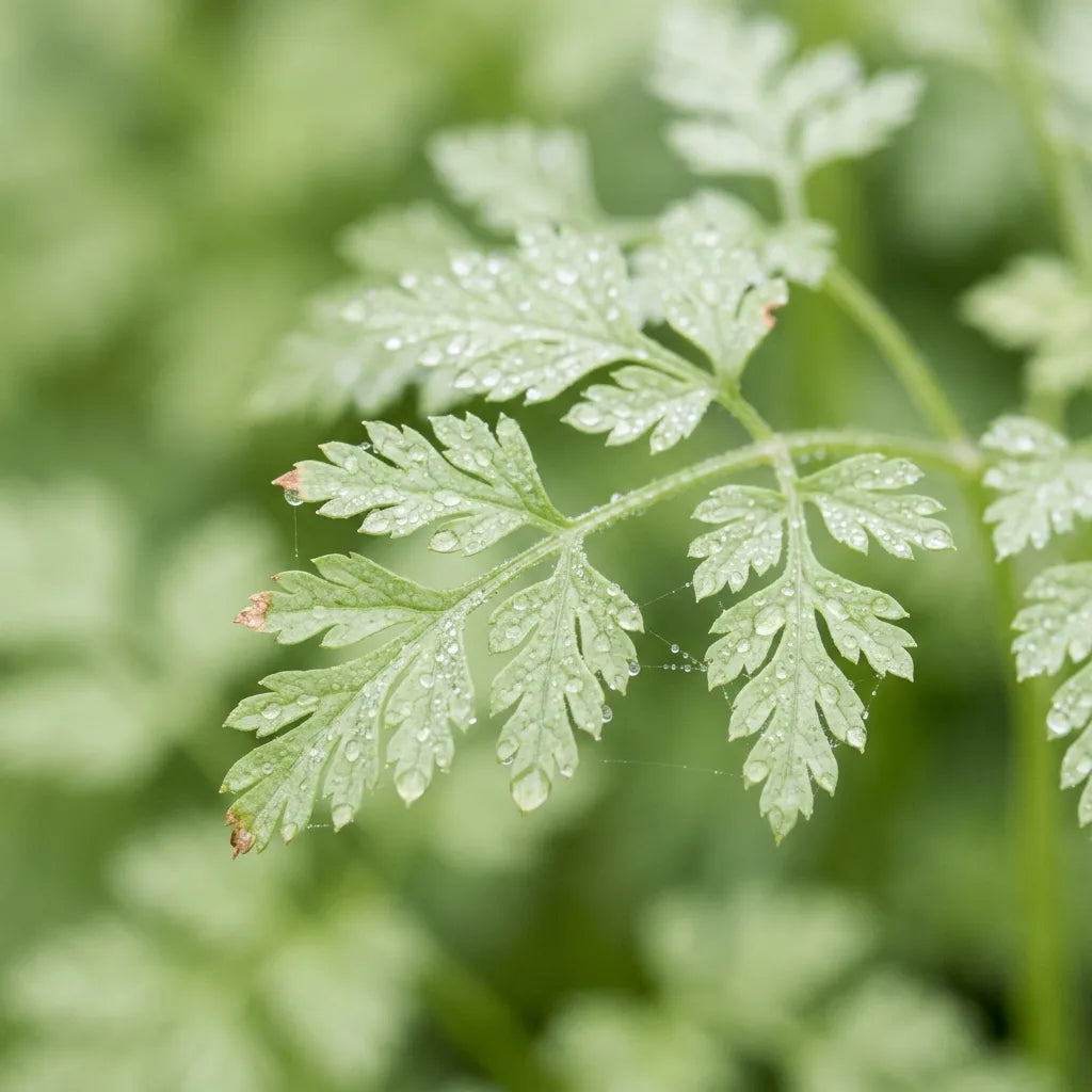 Feuille finement découpée de cerfeuil perlée de rosée, macro — SemiSauvage