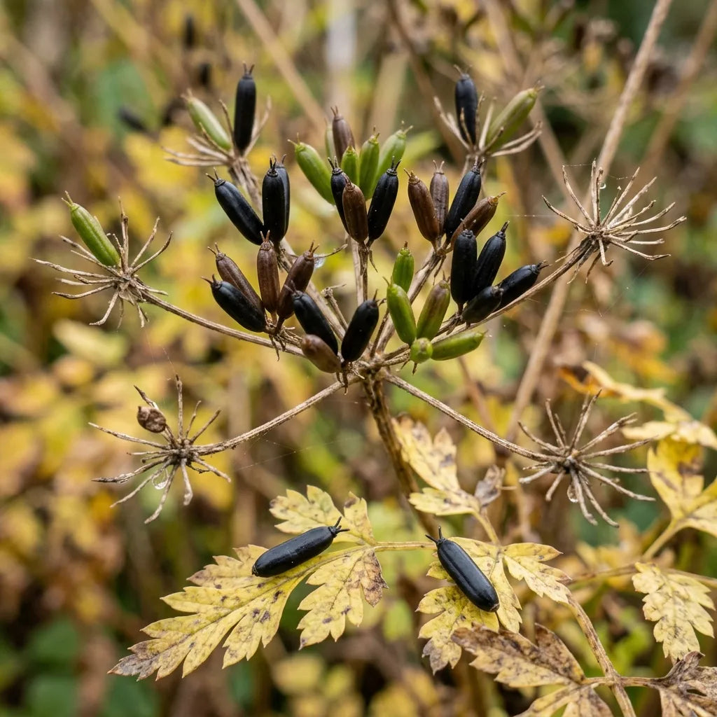 Fruits allongés et noirs du cerfeuil sur l'ombelle desséchée — SemiSauvage