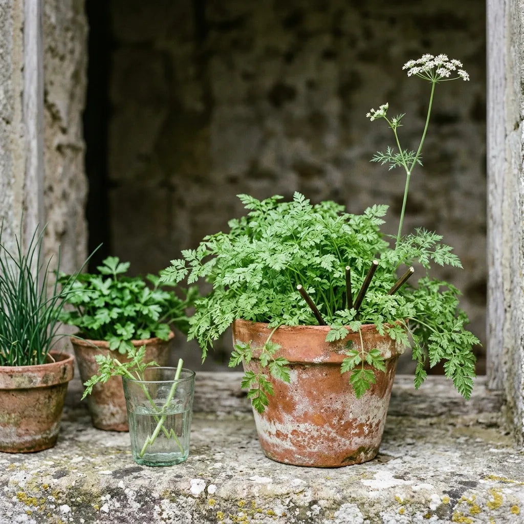 Cerfeuil en jardinière de terre cuite sur un appui de fenêtre — SemiSauvage