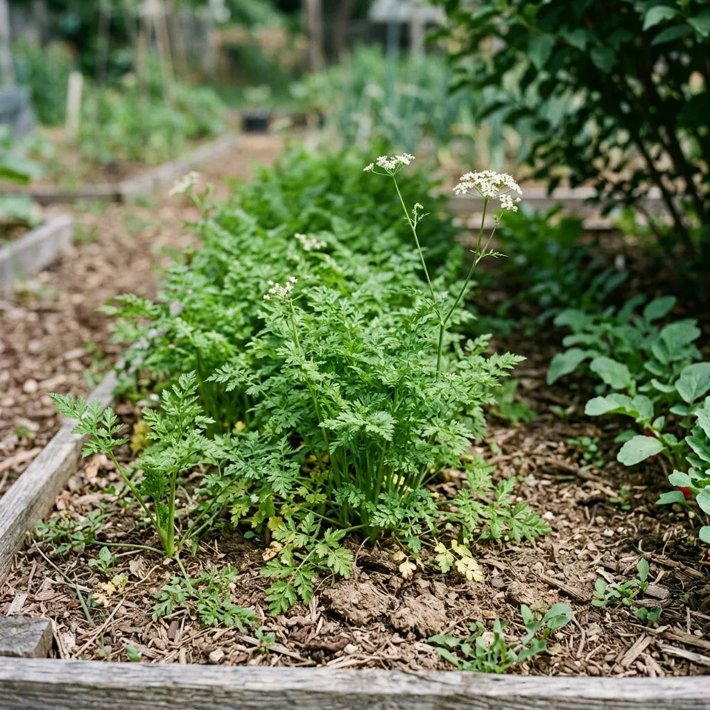 Rang de cerfeuil dans un coin mi-ombragé du potager — SemiSauvage