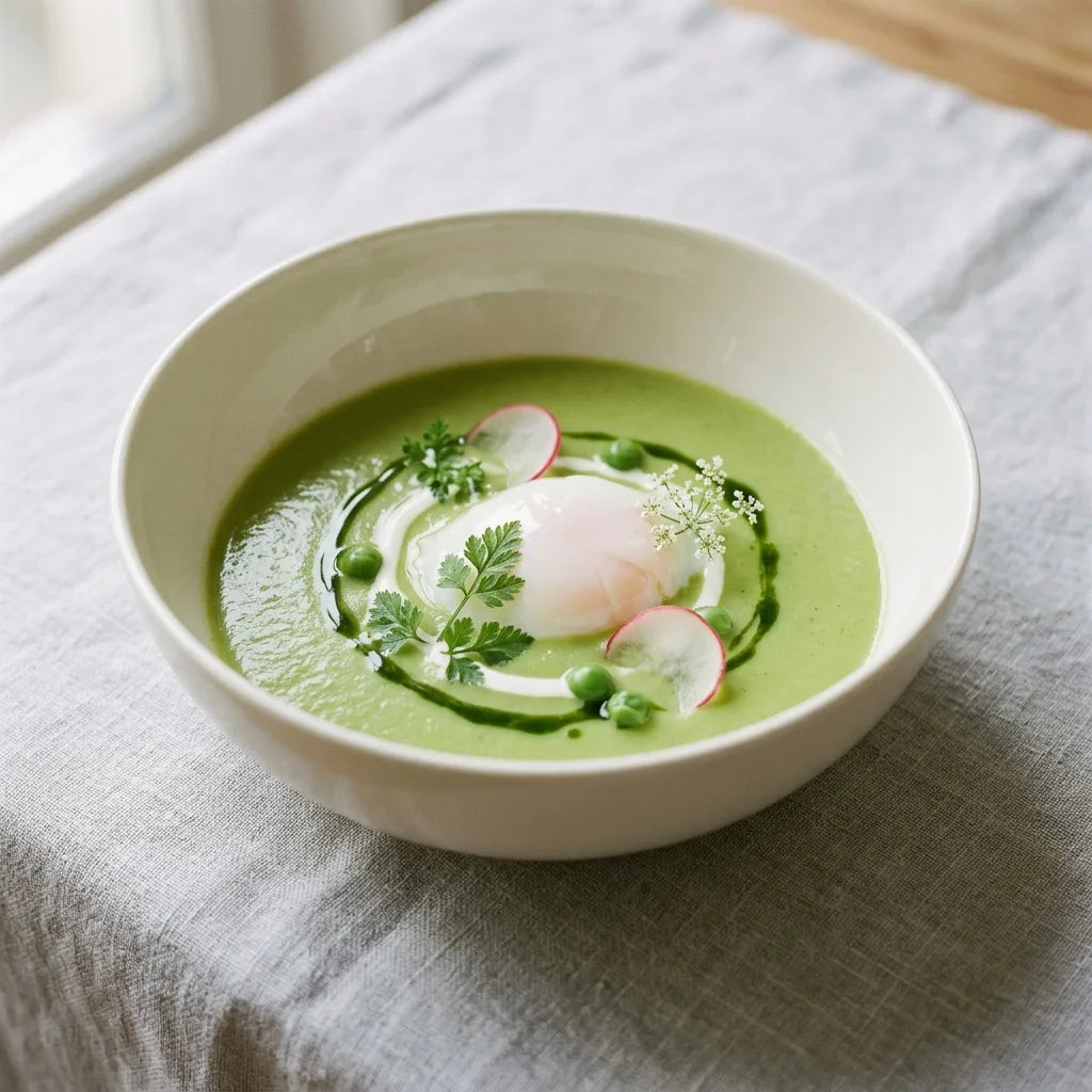 Velouté printanier à l'œuf poché et pluches de cerfeuil, dressage gastronomique — SemiSauvage