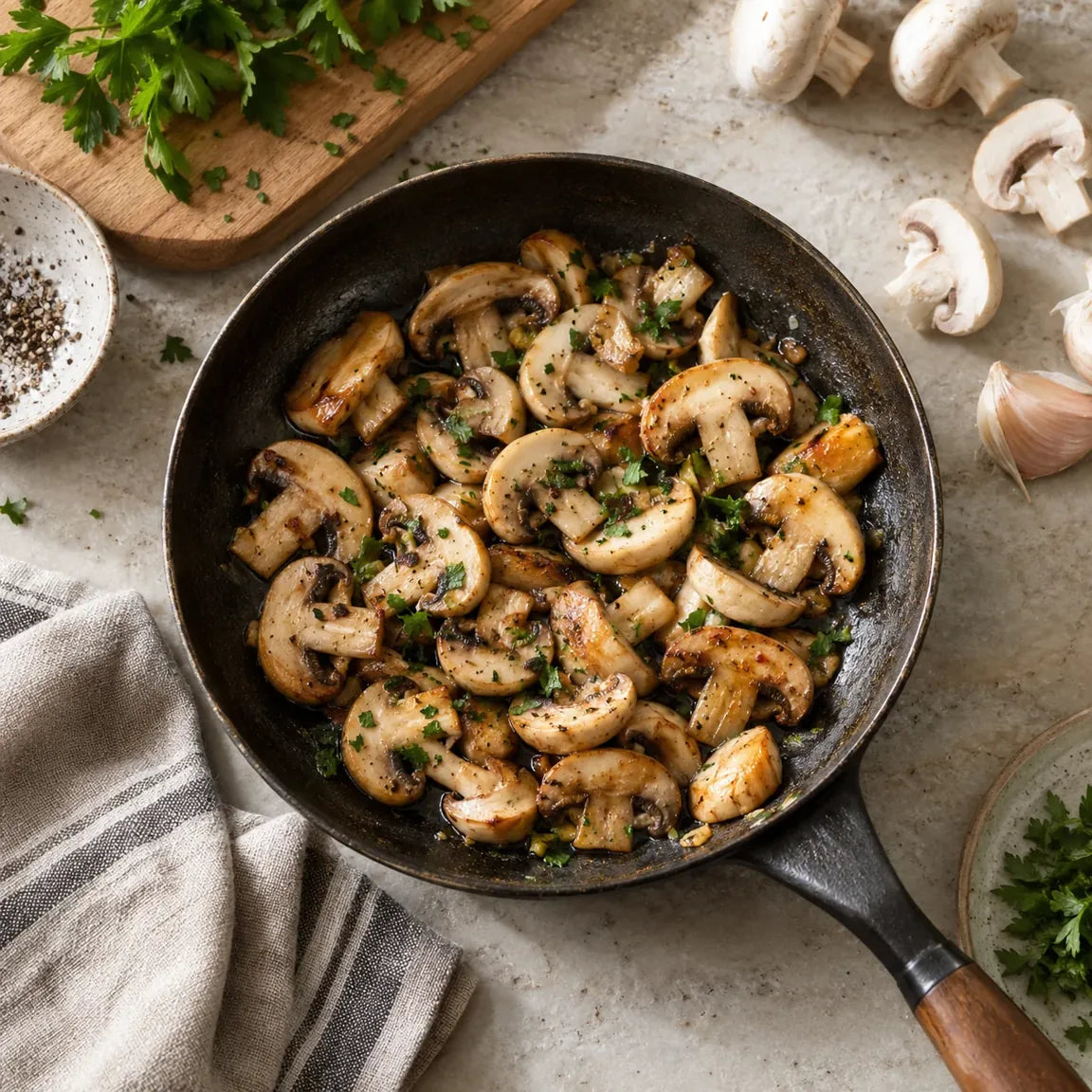 Champignons de Paris blancs émincés et dorés à la poêle.