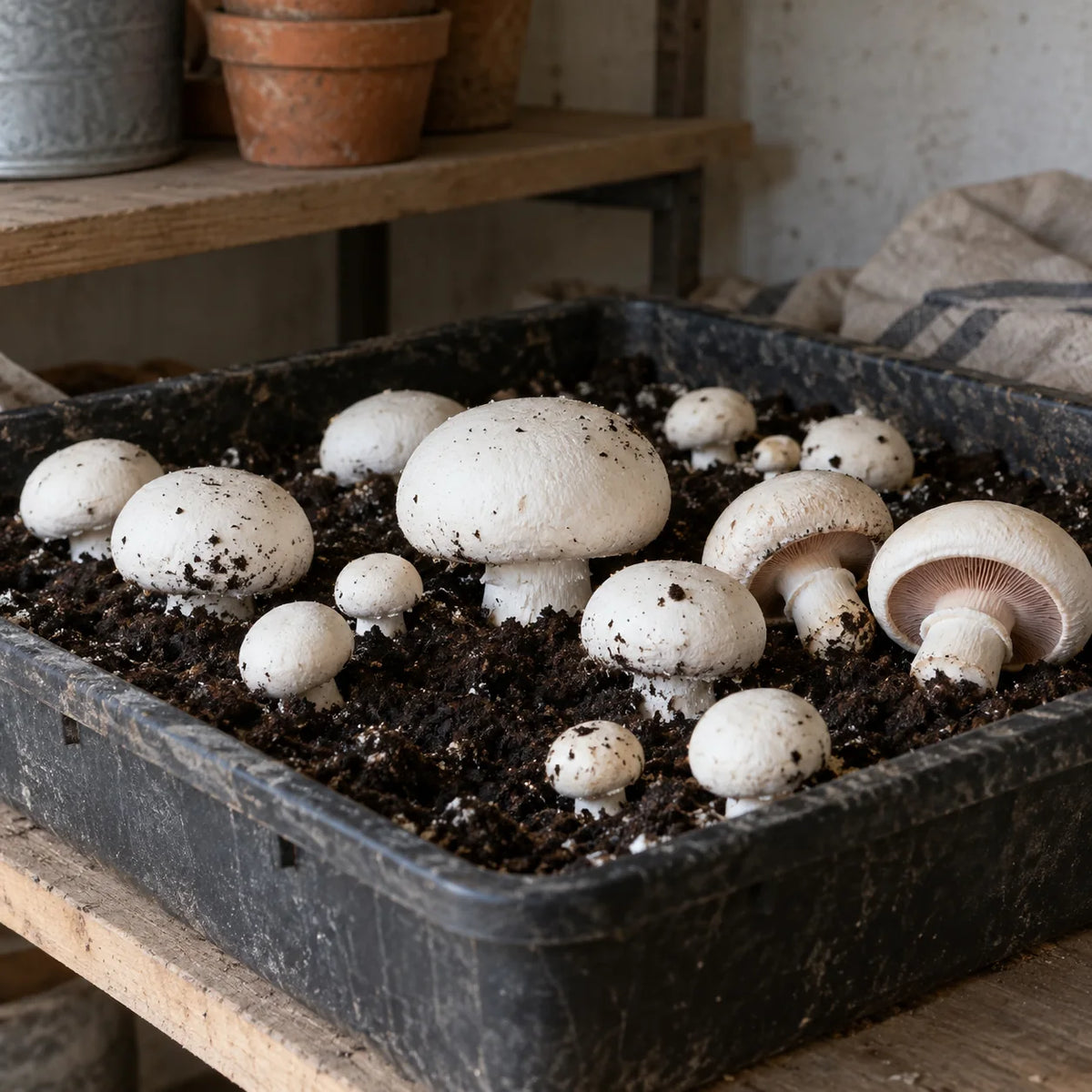 Champignons de Paris blancs dans un bac de culture.