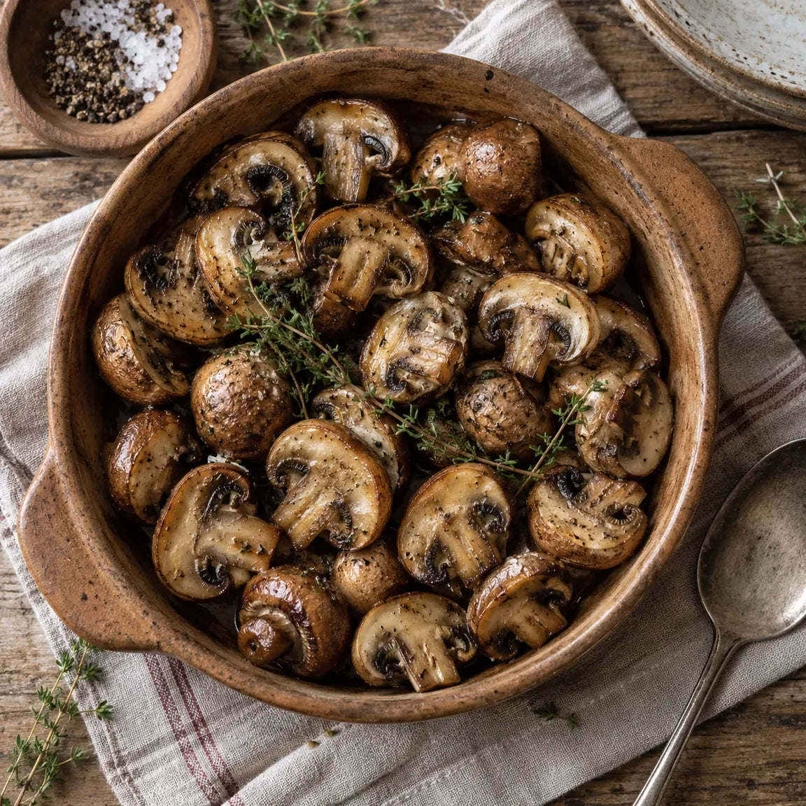 Champignons de Paris bruns rôtis au thym dans un plat en terre cuite.