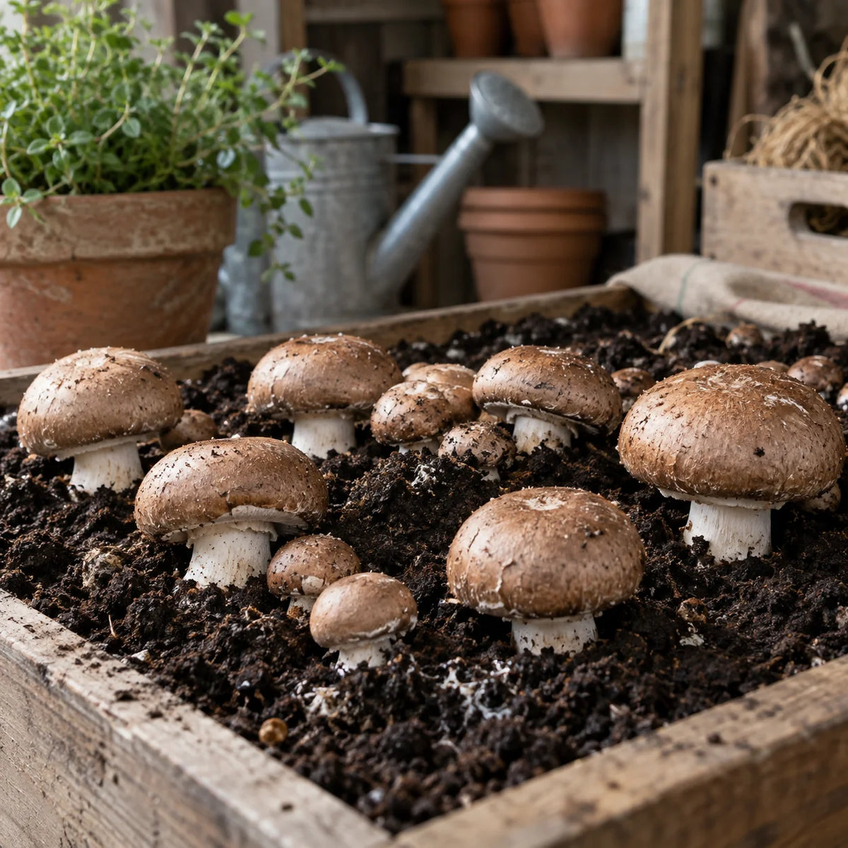 Champignons de Paris bruns dans un bac de culture.