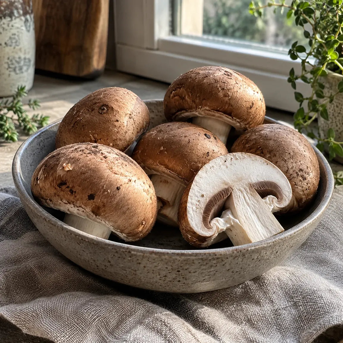 Champignons de Paris bruns frais dans un bol en grès.