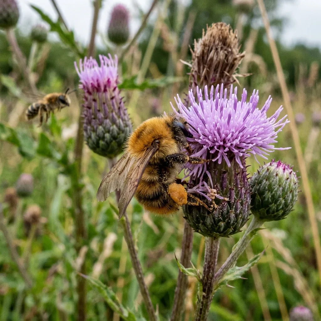 Bourdon butinant un capitule de chardon des champs, plante mellifère — SemiSauvage