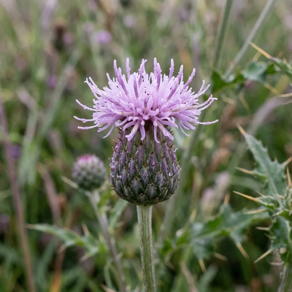 Capitule lilas de Cirsium arvense sous la rosée, macro — SemiSauvage