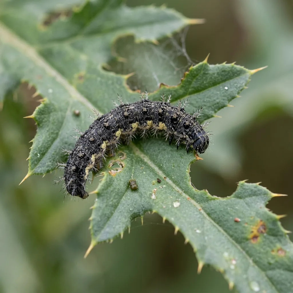 Chenille de Belle-Dame sur une feuille de chardon, sa plante hôte — SemiSauvage