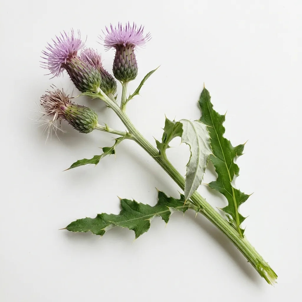 Tige fleurie de Chardon des champs (Cirsium arvense), capitules lilas et feuilles épineuses, sur fond blanc — SemiSauvage