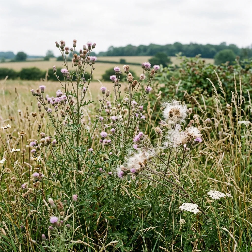 Colonie de chardons des champs en fleurs dans une jachère — SemiSauvage