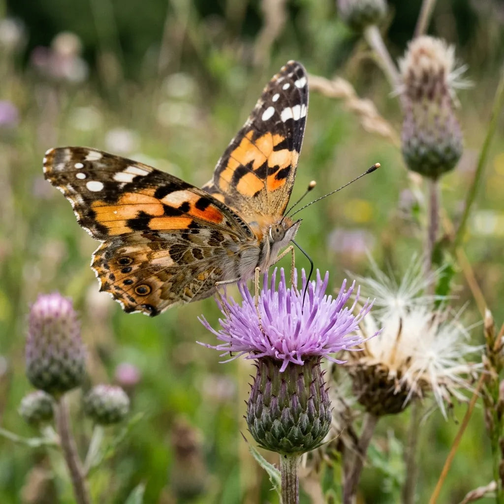 Papillon Belle-Dame butinant une fleur de chardon des champs — SemiSauvage