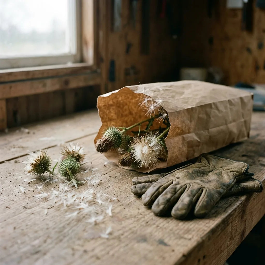 Récolte des capitules de chardon en sac de papier kraft — SemiSauvage