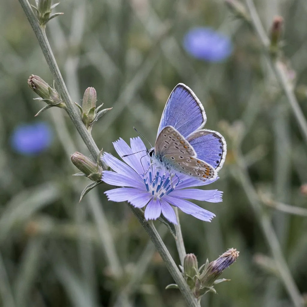 Azuré commun posé sur un capitule bleu de chicorée montée à graines la deuxième année — SemiSauvage