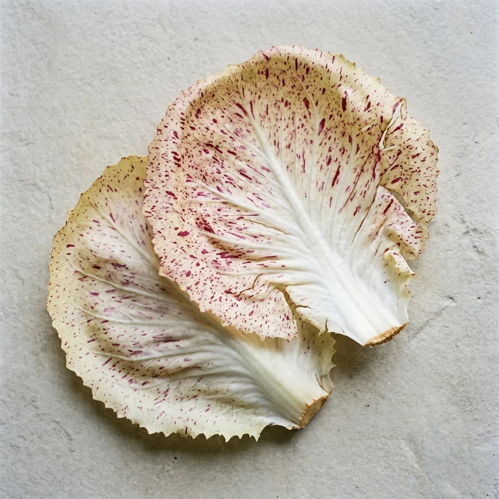 Feuilles de Di Castelfranco, dessus et revers : fond blanc crème moucheté de rouge framboise, nervure blanche large — SemiSauvage