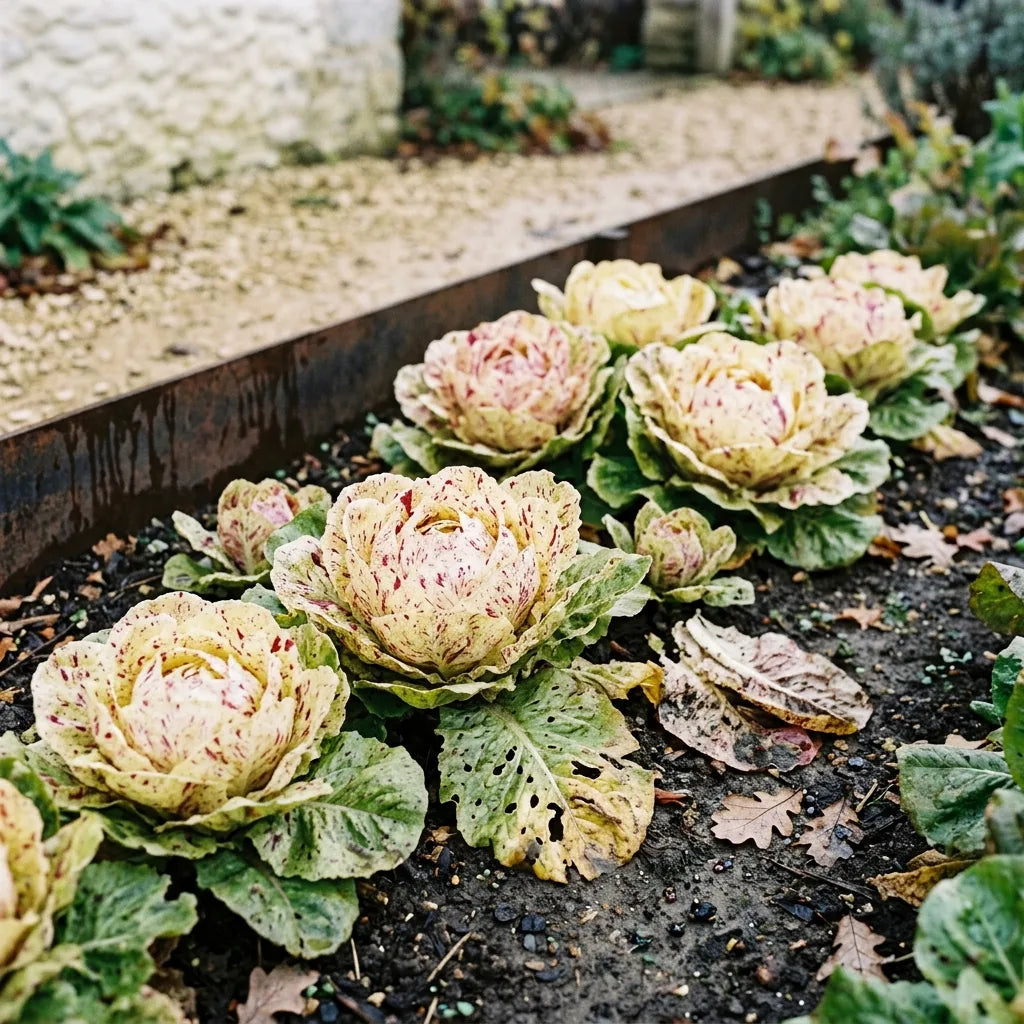 Rang de chicorée Di Castelfranco au potager en fin d'automne, pommes ouvertes et panachées — SemiSauvage
