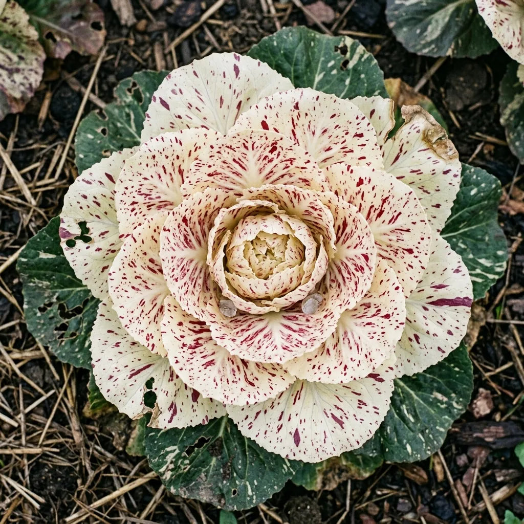 Pomme de Di Castelfranco vue de dessus au potager : la rosette ouverte en rose qui lui vaut le nom de fleur qui se mange — SemiSauvage