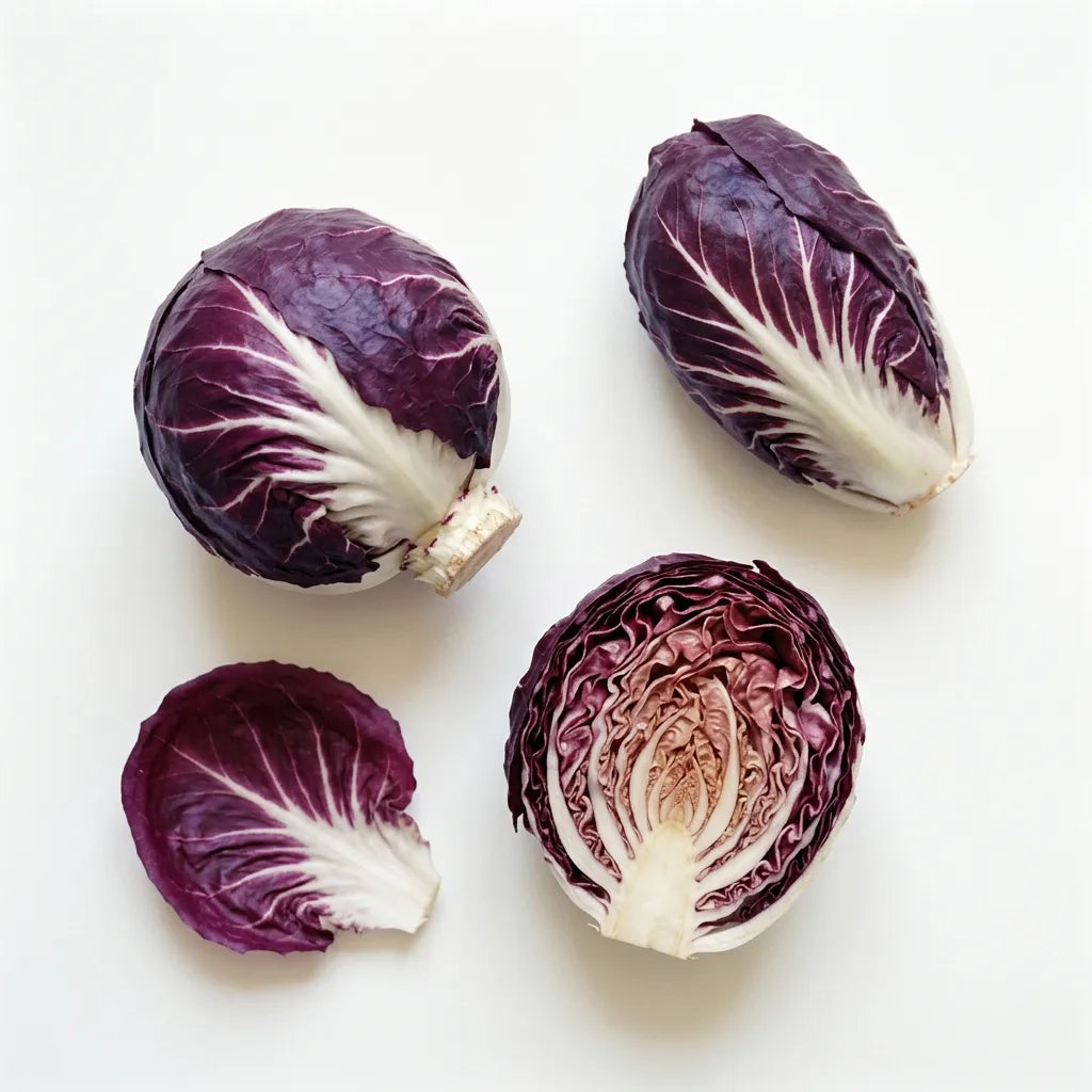 Pommes de chicorée à feuilles rouges : feuilles pourpres à larges nervures blanches, avec une coupe montrant le cœur rosé — SemiSauvage
