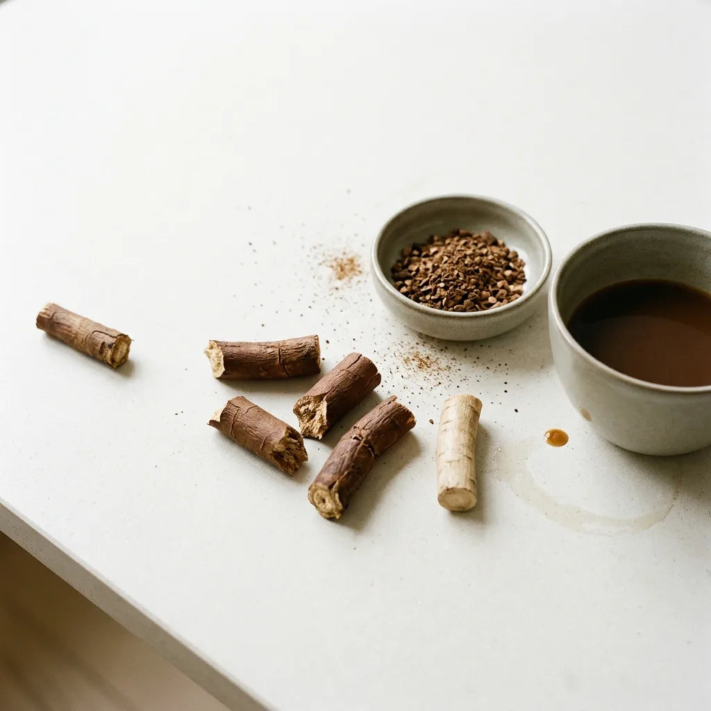 Café de chicorée : tronçons de racine torréfiée, racine crue pour comparaison, racine concassée et bol de breuvage — SemiSauvage