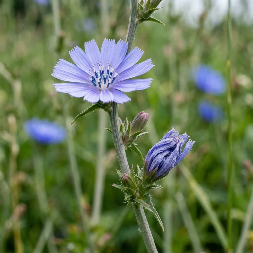 Floraison éphémère de la chicorée : un capitule ouvert du matin, celui de la veille déjà refermé et fané, et un bouton — SemiSauvage