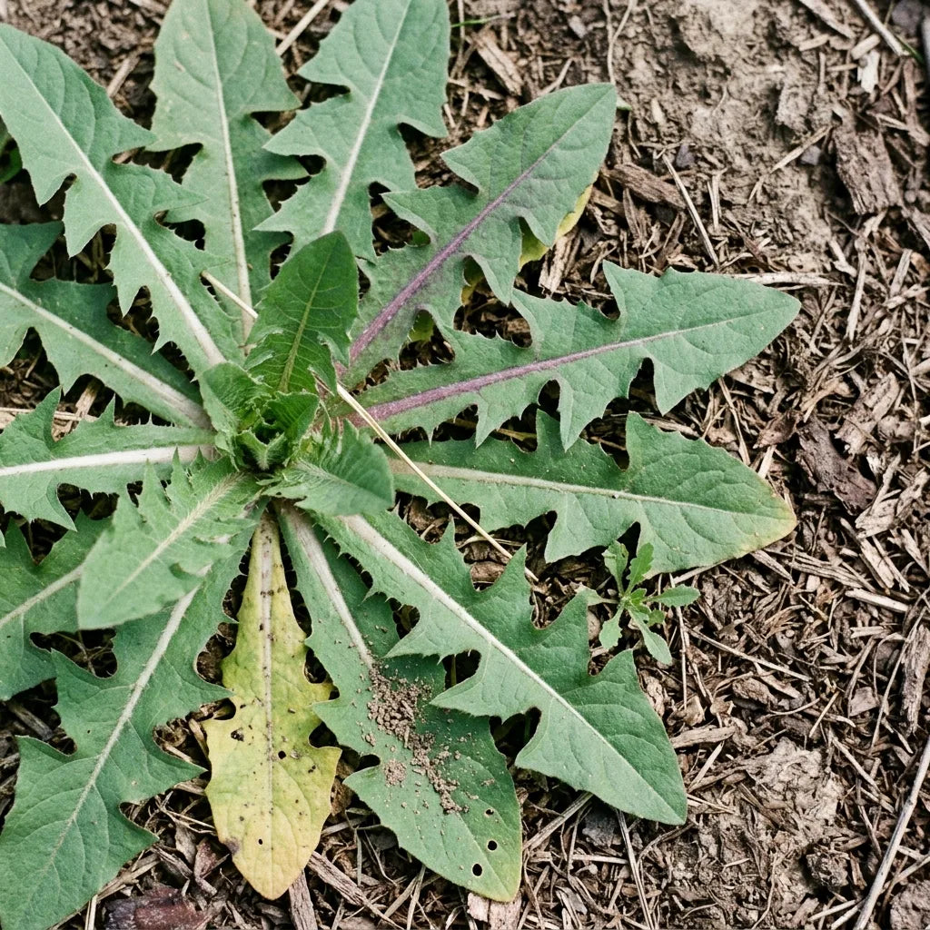 Rosette basale de chicorée sauvage : feuilles profondément découpées en dents de lion, à nervure blanche et revers hispide — SemiSauvage