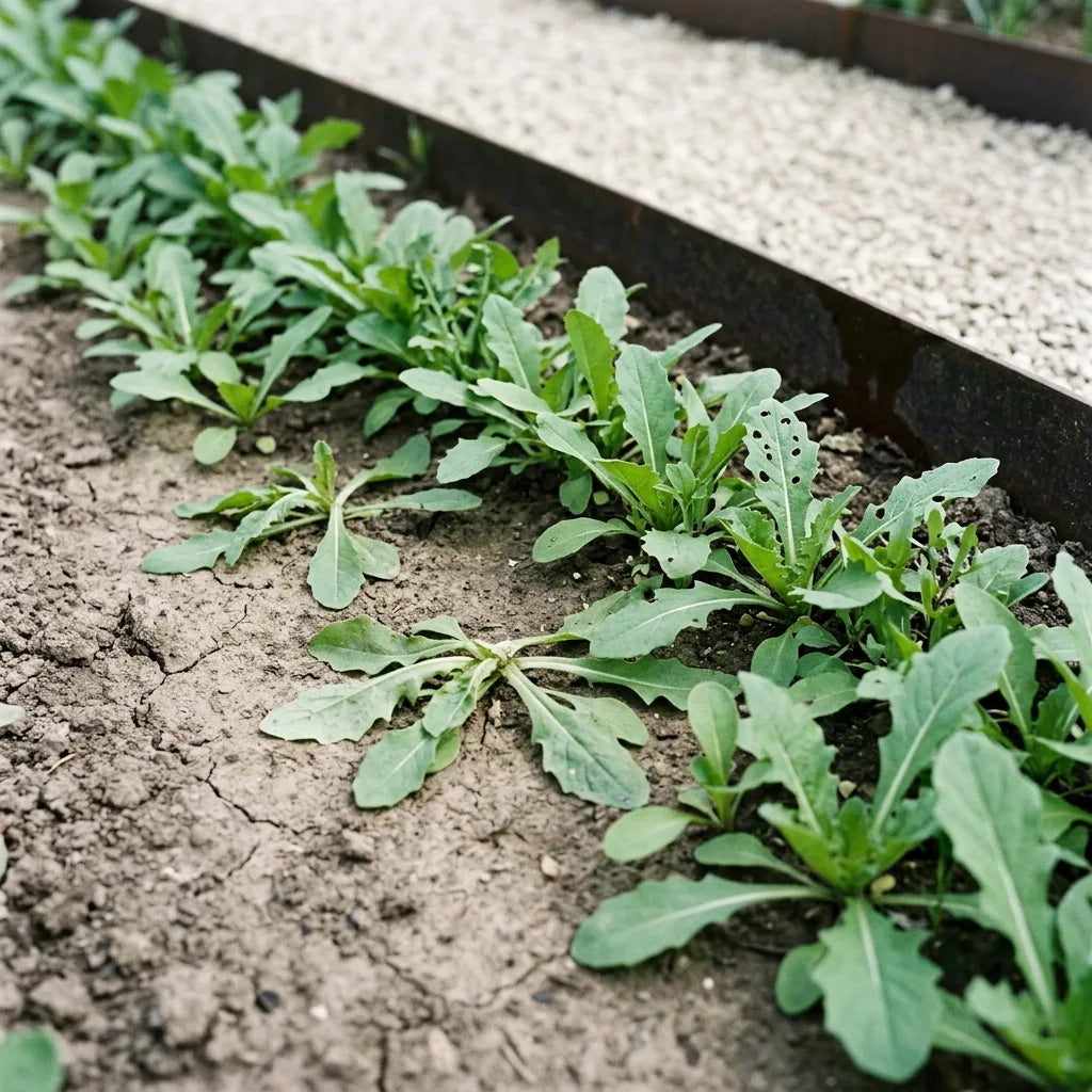 Semis direct de chicorée sauvage au stade de l'éclaircissage, premières feuilles déjà lobées — SemiSauvage