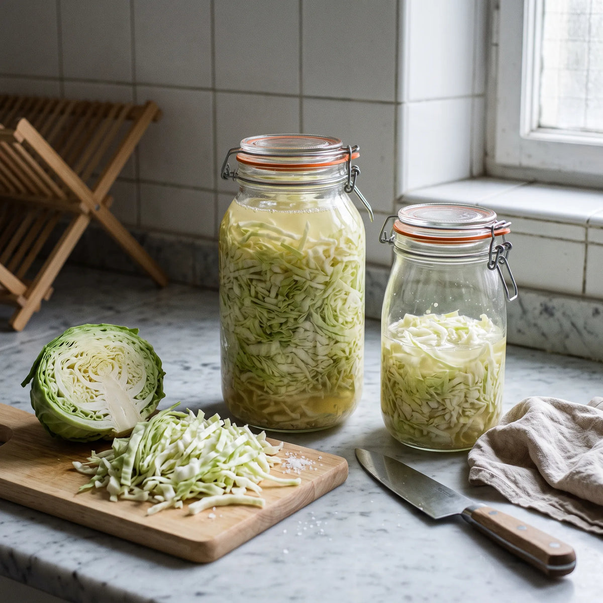 Chou cabus emince en lactofermentation dans des bocaux de verre, base de la choucroute