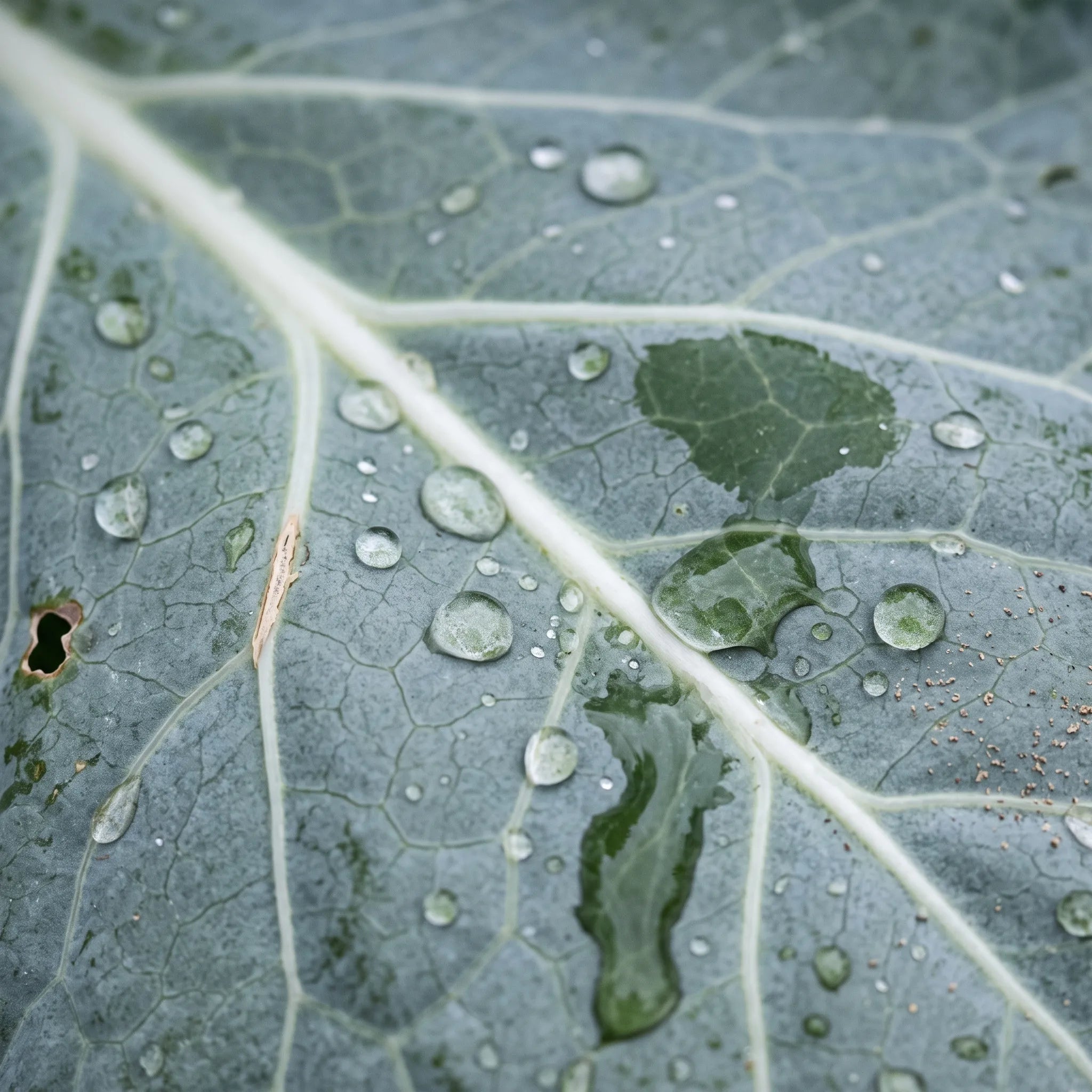 Macro de la pruine cireuse d une feuille de chou cabus, gouttes d eau en billes rondes