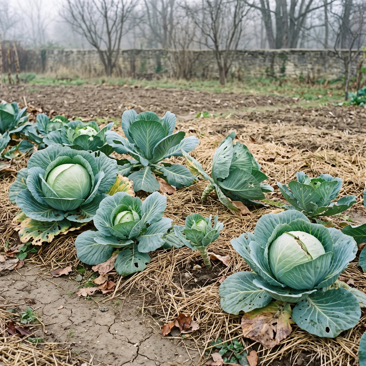 Planche de choux cabus au potager en automne, pieds de tailles et de maturites tres inegales