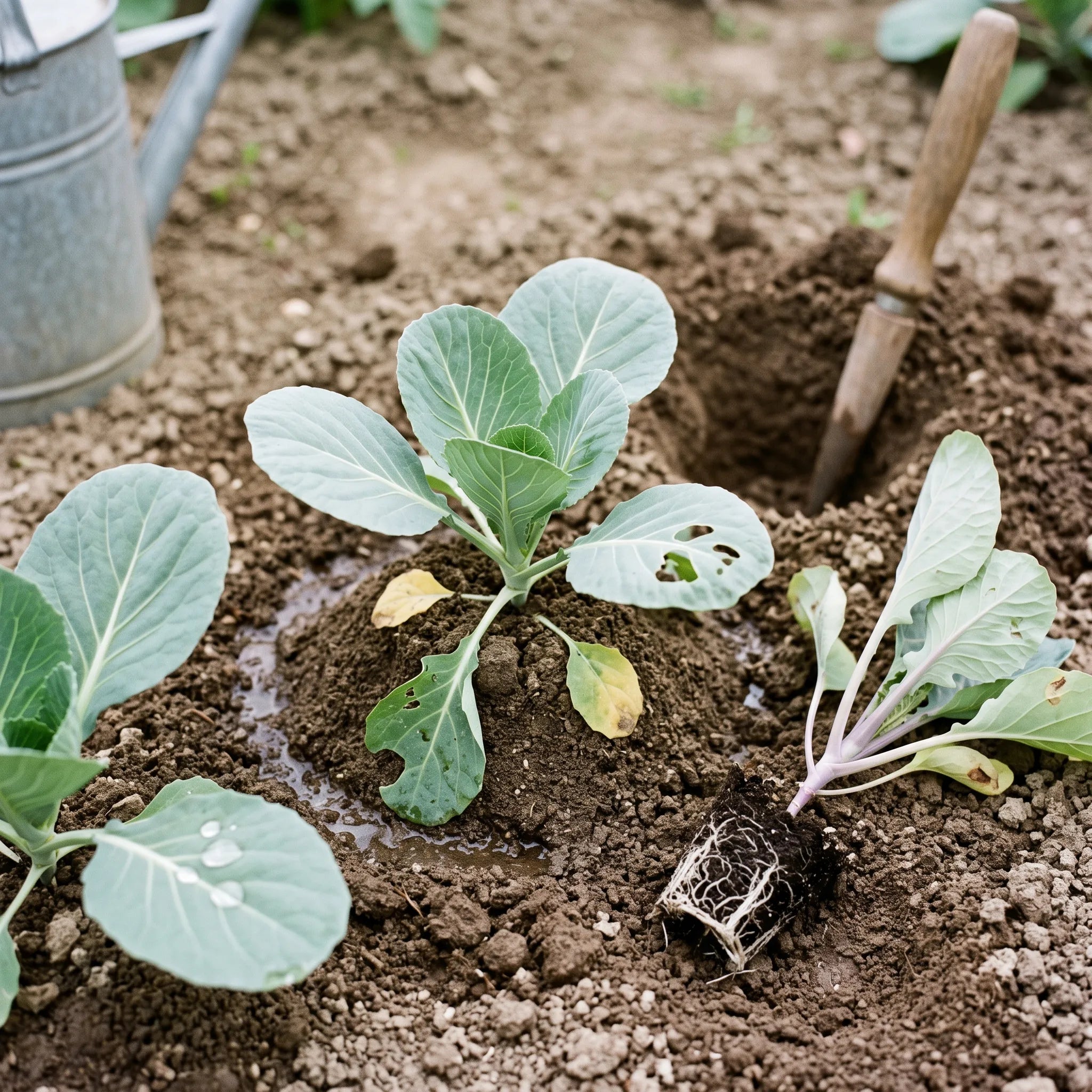 Repiquage d un jeune chou cabus butte en cone, le plant suivant attend avec sa motte