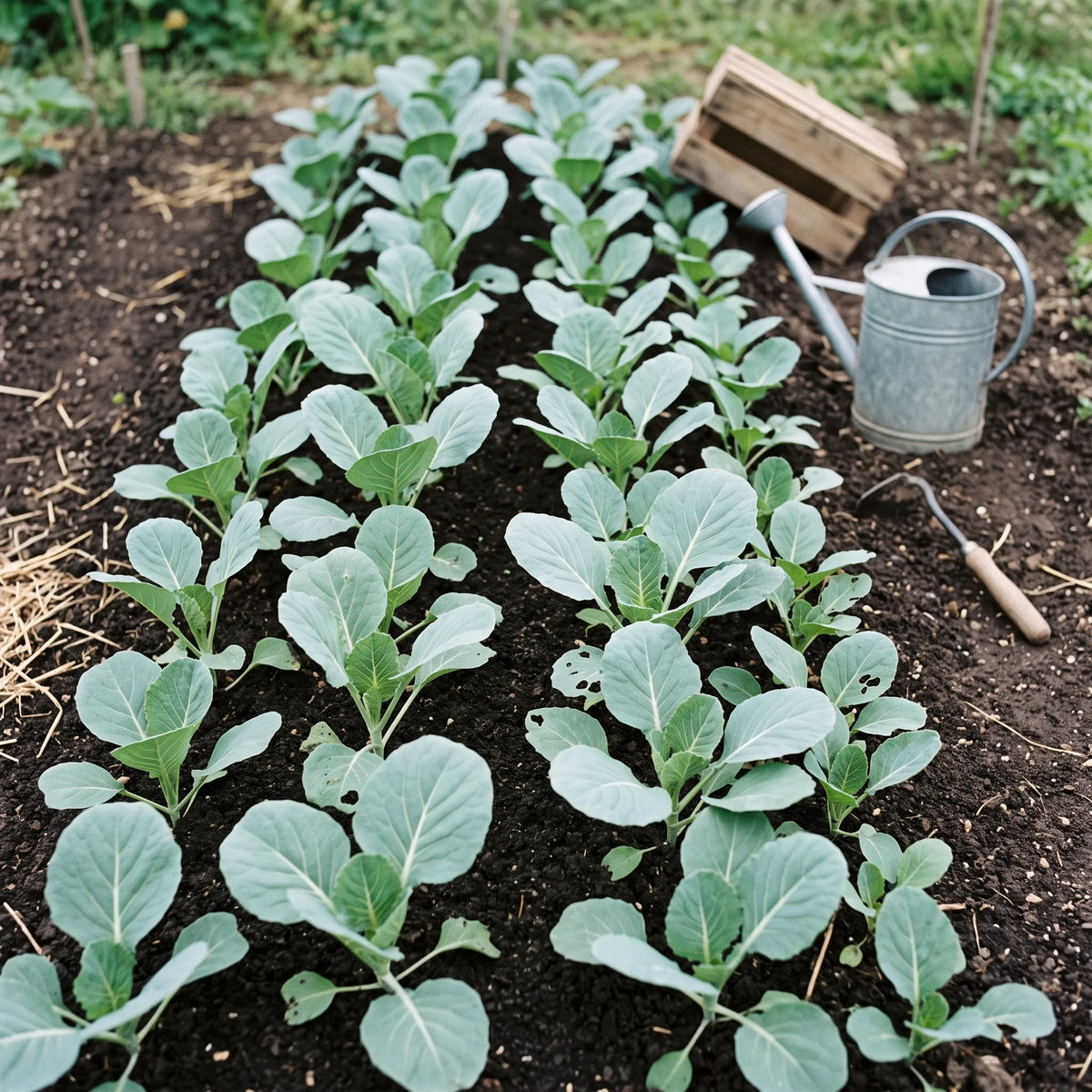 Semis de chou cabus en pepiniere, jeunes plants a cotyledons en coeur et premieres feuilles