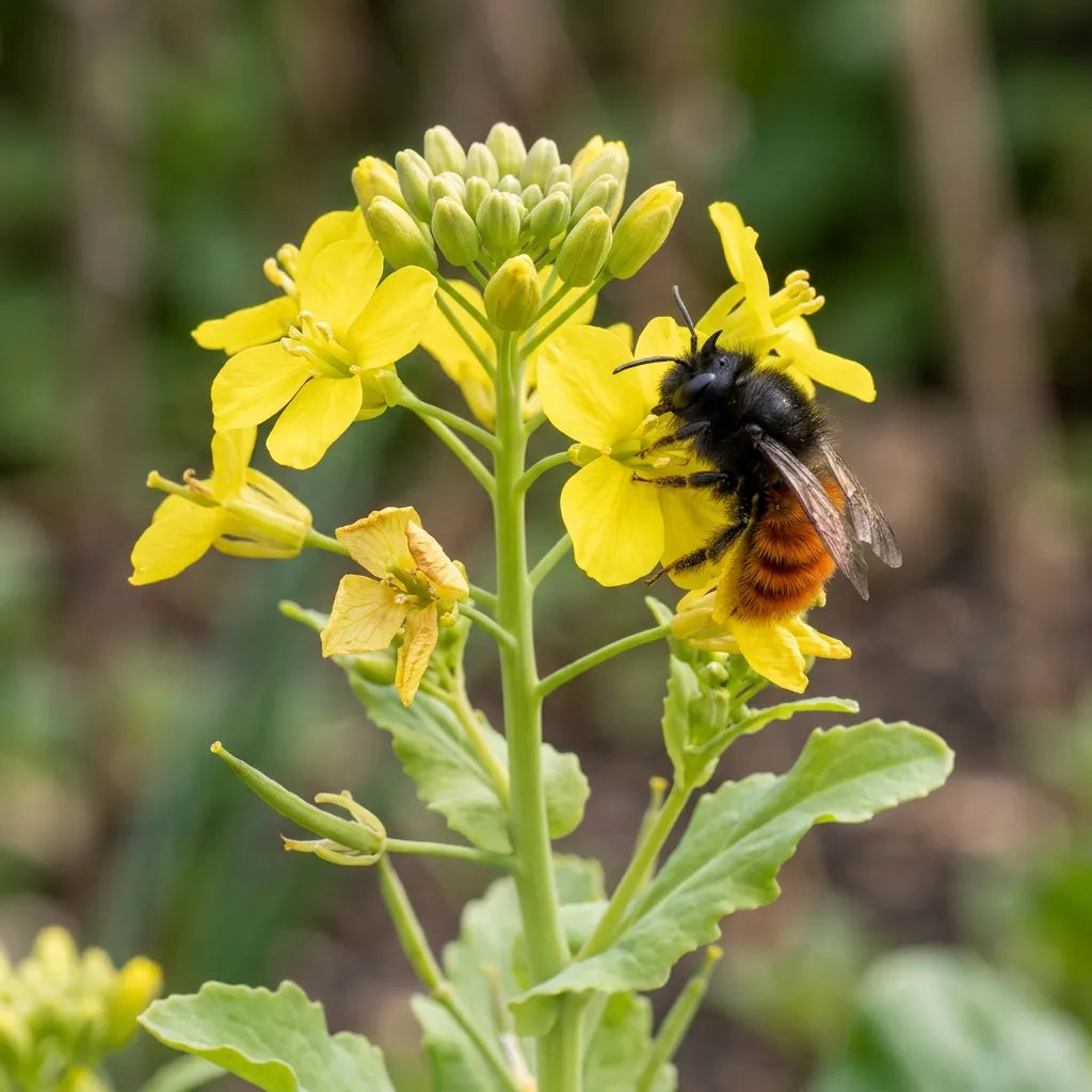 Fleurs jaunes mellifères de chou chinois Pé-Tsaï Granaat monté à graines visitées par une osmie cornue — SemiSauvage