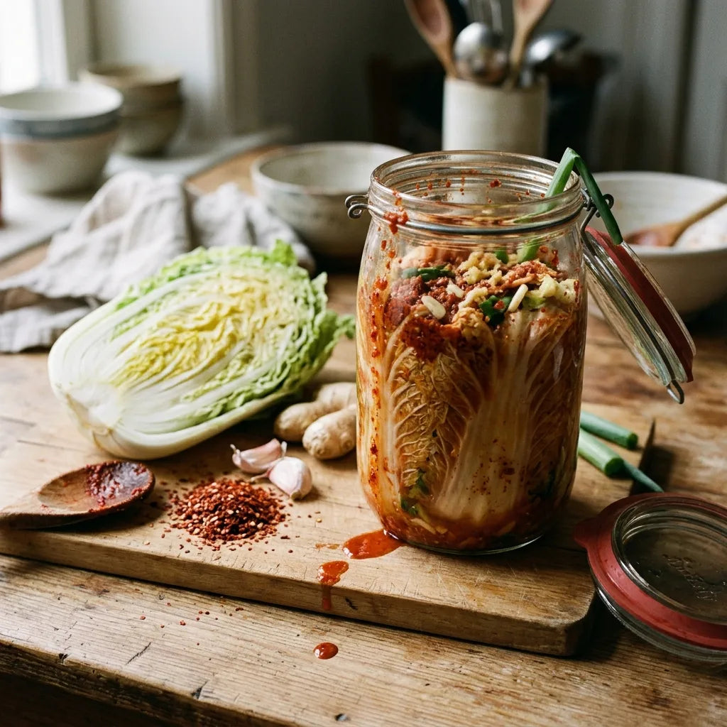 Kimchi de chou chinois Pé-Tsaï Granaat en lactofermentation dans un bocal — SemiSauvage