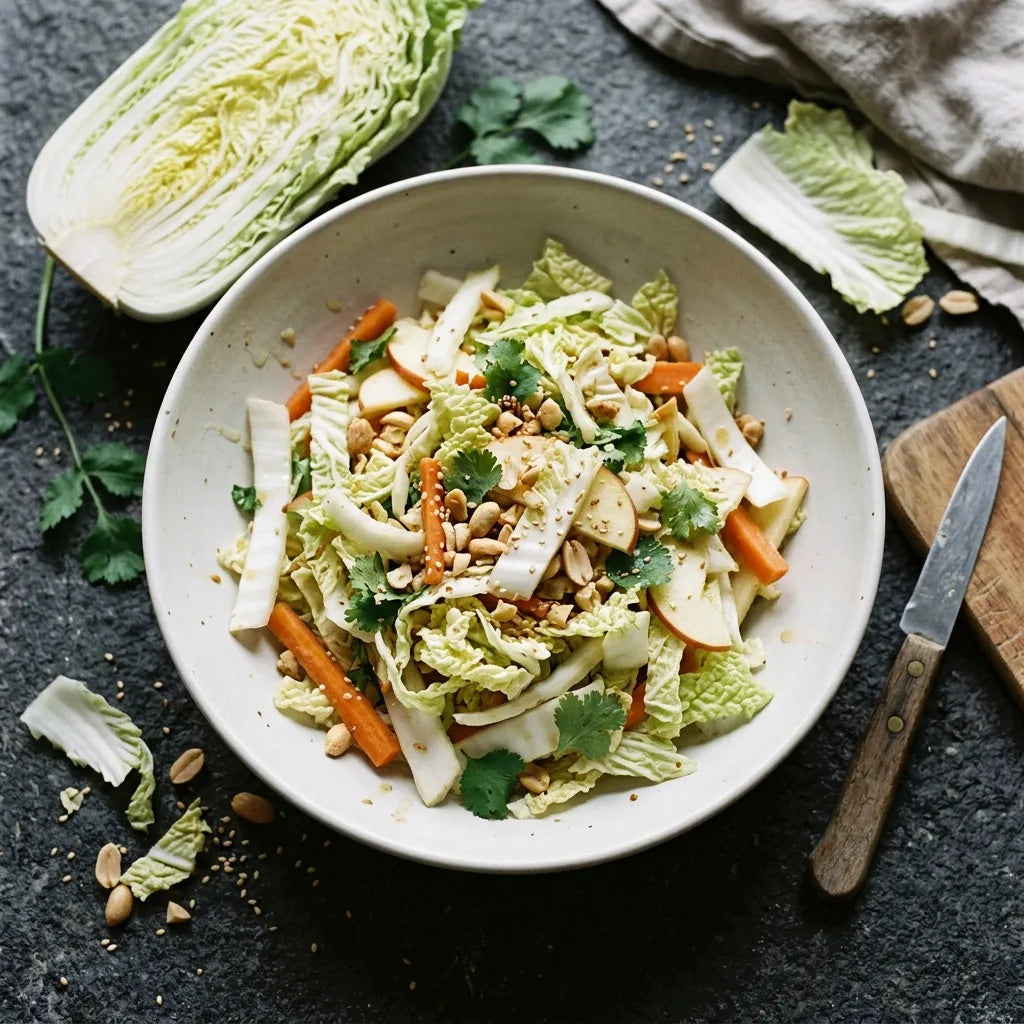 Salade crue de chou chinois Pé-Tsaï Granaat en chiffonnade, carotte, pomme et cacahuètes — SemiSauvage