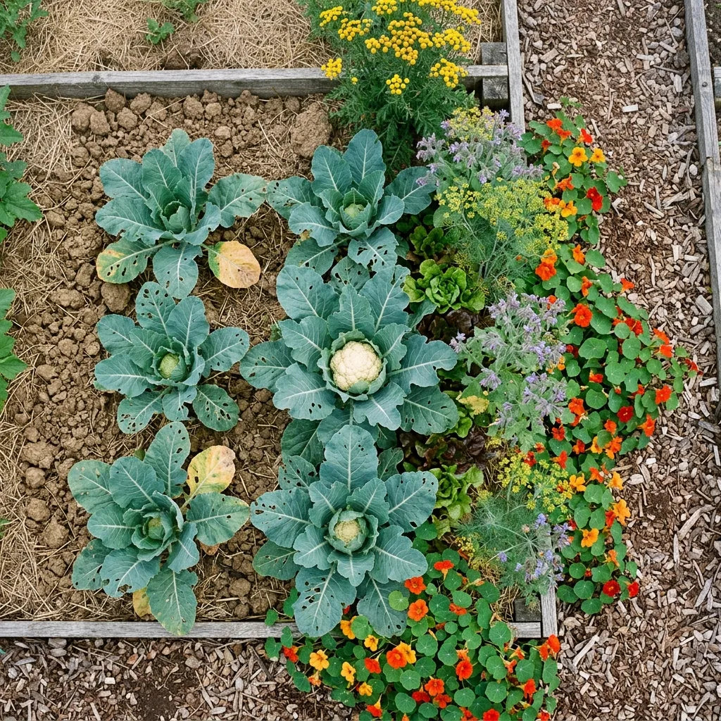 Choux-fleurs associés aux capucines et à la bourrache en planche de permaculture — SemiSauvage